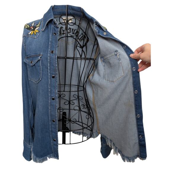 Zadig & Voltaire Deluxe Thelma Love Now Embroidery Western Denim Button Shirt XS - Picture 9 of 15